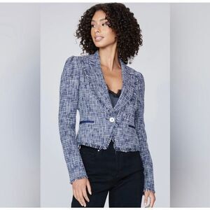 Womens Blue Tweed Frayed Hem Blazer Jacket